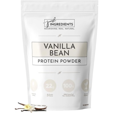 JUST INGREDIENTS Protein Powder | Vanilla Protein Powder Made with 100% Grass Fed, Non Denatured Whey | Four Different Protein Sources from Organic Whole Food Ingredients | 15 Servings | 22g Protein