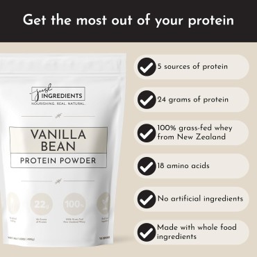 JUST INGREDIENTS Protein Powder | Vanilla Protein Powder Made with 100% Grass Fed, Non Denatured Whey | Four Different Protein Sources from Organic Whole Food Ingredients | 15 Servings | 22g Protein