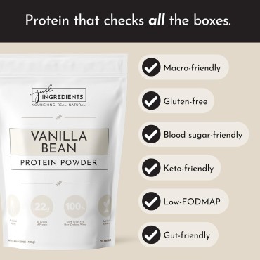 JUST INGREDIENTS Protein Powder | Vanilla Protein Powder Made with 100% Grass Fed, Non Denatured Whey | Four Different Protein Sources from Organic Whole Food Ingredients | 15 Servings | 22g Protein