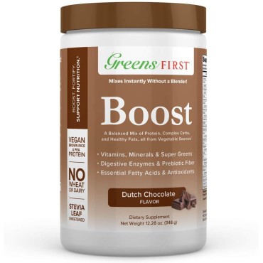 Greens First Boost - Plant-Based Protein & Balanced Nutrition - Superfood Shake Mix - No Wheat or Soy - Dairy-Free - Vegan - Dutch Chocolate, 12.28 oz.