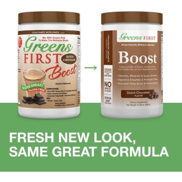 Greens First Boost - Plant-Based Protein & Balanced Nutrition - Superfood Shake Mix - No Wheat or Soy - Dairy-Free - Vegan - Dutch Chocolate, 12.28 oz.