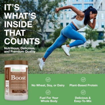 Greens First Boost - Plant-Based Protein & Balanced Nutrition - Superfood Shake Mix - No Wheat or Soy - Dairy-Free - Vegan - Dutch Chocolate, 12.28 oz.