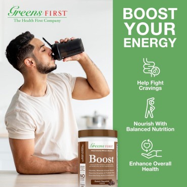 Greens First Boost - Plant-Based Protein & Balanced Nutrition - Superfood Shake Mix - No Wheat or Soy - Dairy-Free - Vegan - Dutch Chocolate, 12.28 oz.