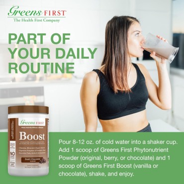 Greens First Boost - Plant-Based Protein & Balanced Nutrition - Superfood Shake Mix - No Wheat or Soy - Dairy-Free - Vegan - Dutch Chocolate, 12.28 oz.