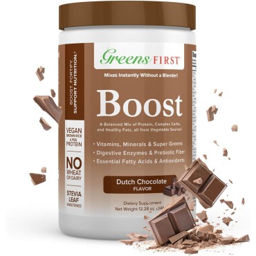 Greens First Boost - Plant-Based Protein & Balanced Nutrition - Superfood Shake Mix - No Wheat or Soy - Dairy-Free - Vegan - Dutch Chocolate, 12.28 oz.