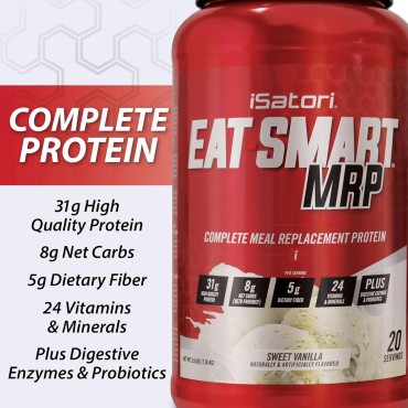 iSatori Eat Smart MRP, High Protein Meal Replacement Shake with Whey Protein Powder, Probiotics Powder, Casein Protein, MCT Oil, Egg Albumen, Vitamins & Minerals, Keto, Vanilla Flavor, 20 Servings