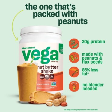 Vega Nut Butter Shake, Peanut Butter - Vegan Protein Powder, 20g Protein, Real Food Ingredients, No Added Sugar, 1.36 lbs