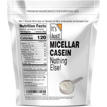 It's Just! - 100% Casein Protein Powder, Made in USA, One Ingredient, Slow Burning, Time Release, 6.9g BCAAs, 1g Carb, Non-GMO (Unflavored, 3lbs/48oz)