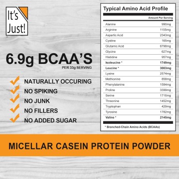 It's Just! - 100% Casein Protein Powder, Made in USA, One Ingredient, Slow Burning, Time Release, 6.9g BCAAs, 1g Carb, Non-GMO (Unflavored, 3lbs/48oz)