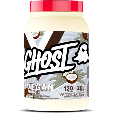 GHOST Vegan Protein Powder, Coconut Ice Cream - 2LB Tub, 20G of Protein - Plant-Based Pea, Organic Pumpkin & Watermelon Seed Protein Blend - ­Flavored Post Workout Shakes - Soy & Gluten Free