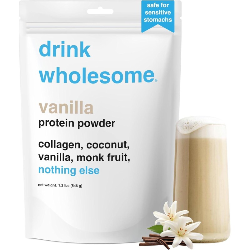 drink wholesome Vanilla Collagen Protein Powder | for Sensitive Stomachs | Gut Friendly | Dairy & Lactose Free | No Artificial Sweeteners | AIP, Carnivore & Paleo | for Kids & Seniors | 28 Servings