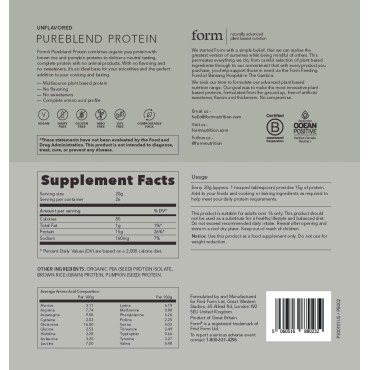 Form Pureblend Protein - Unflavored and Unsweetened Vegan Protein Powder - 15g of Plant Based Protein per Serving. Perfect for Your Smoothies, Cooking and Baking.