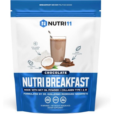 NutriBreakfast by Nutrillermo/Keto Protein Chocolate Collagen Powder with MCT Oil/MCT Oil Powder with Collagen/Keto Collagen Peptides Powder with Grass-Fed Bovine Collagen Type I & III-15 Servings