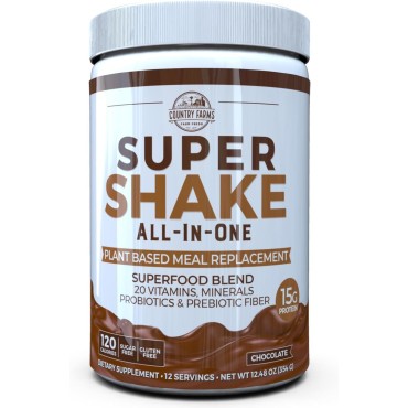 Country Farms All-in-One Super Shake Meal Replacement 15g Plant Protein Dietary Supplement with Superfoods, Vitamins, Probiotics and Prebiotics, 12 Servings, Chocolate, 12.48 Oz