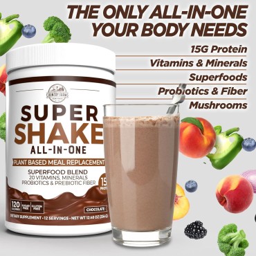 Country Farms All-in-One Super Shake Meal Replacement 15g Plant Protein Dietary Supplement with Superfoods, Vitamins, Probiotics and Prebiotics, 12 Servings, Chocolate, 12.48 Oz