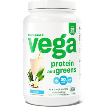 Vega Protein and Greens Protein Powder, Vanilla - 20g Plant Based Protein Plus Veggies, Vegan, Non GMO, Pea Protein for Women and Men, 1.9lbs