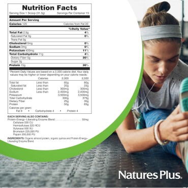 Natures Plus Almond Protein Powder - 1.04 lbs, Unflavored - USDA Certified Organic, Non-GMO Vegan Protein Powder, No Added Sugar, Promotes Muscle Recovery - Vegetarian, Gluten-Free - 15 Servings