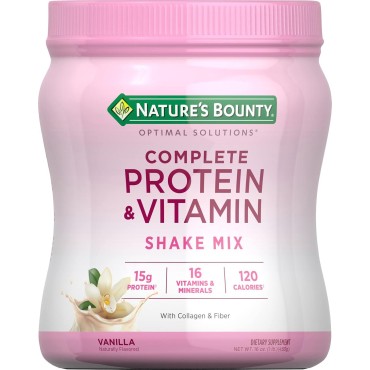 Nature's Bounty Complete Protein & Vitamin Shake Mix with Collagen & Fiber, Contains Vitamin C for Immune Health, Vanilla Flavored, 16 Oz