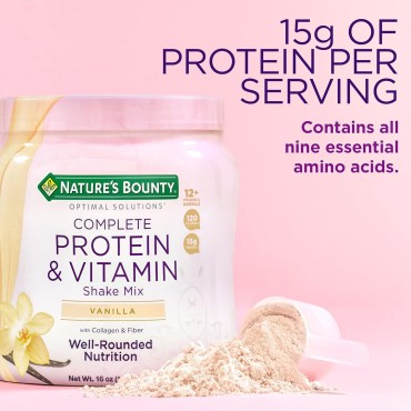 Nature's Bounty Complete Protein & Vitamin Shake Mix with Collagen & Fiber, Contains Vitamin C for Immune Health, Vanilla Flavored, 16 Oz