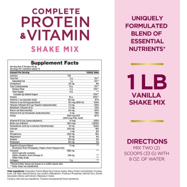 Nature's Bounty Complete Protein & Vitamin Shake Mix with Collagen & Fiber, Contains Vitamin C for Immune Health, Vanilla Flavored, 16 Oz