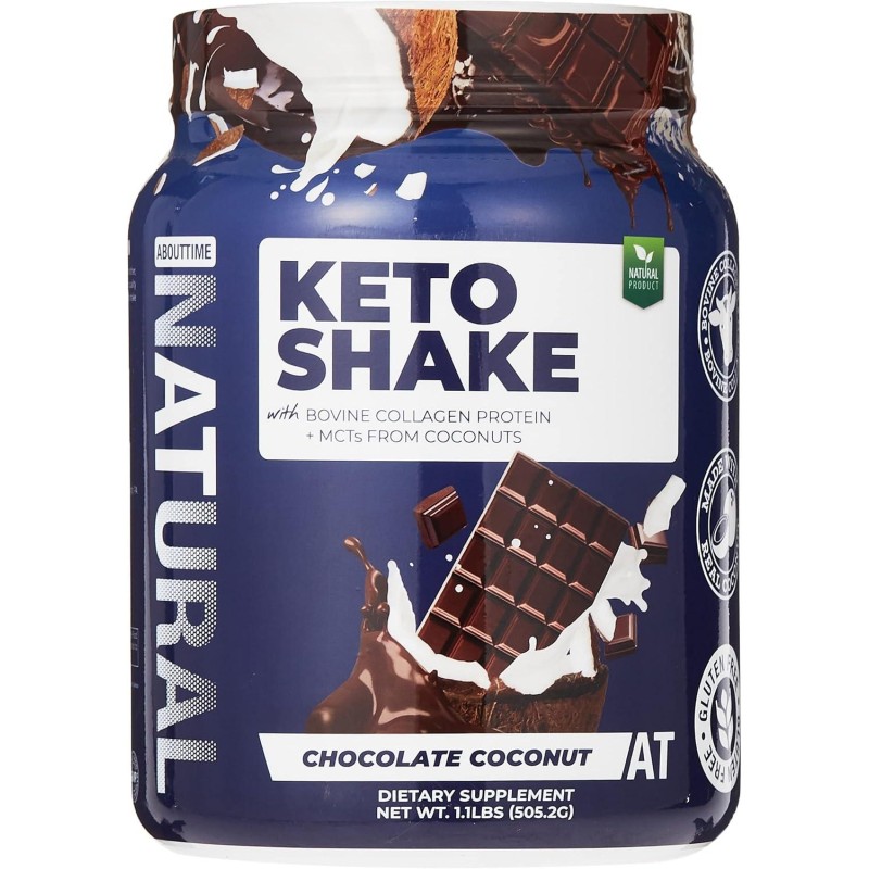 About Time Keto Shake with Bovine Collagen Protein + MCTs from Coconuts - 19g Fat, 11g Protein, 5g Net Carbs - Chocolate Coconut, 1lb Jar