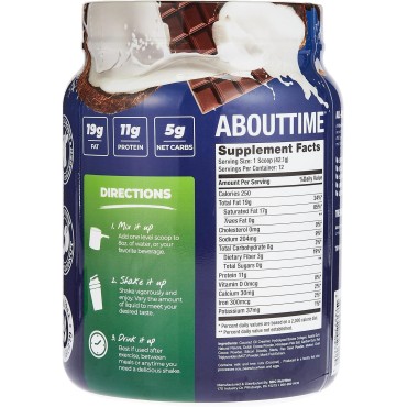 About Time Keto Shake with Bovine Collagen Protein + MCTs from Coconuts - 19g Fat, 11g Protein, 5g Net Carbs - Chocolate Coconut, 1lb Jar