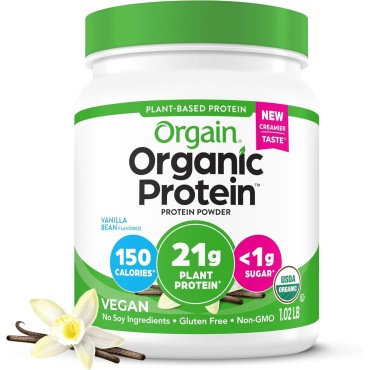 Orgain Organic Vegan Protein Powder, Vanilla Bean - 21g Plant Based Protein, 4g Prebiotic Fiber, No Lactose Ingredients, No Added Sugar, Non-GMO, For Shakes & Smoothies, 1.02 lb (Packaging May Vary)