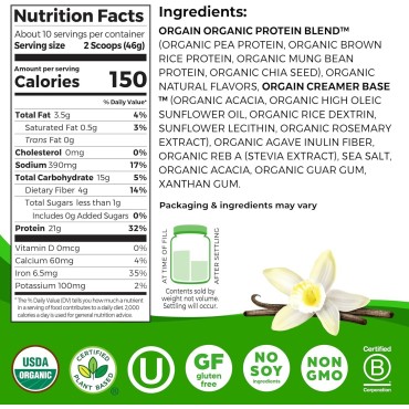 Orgain Organic Vegan Protein Powder, Vanilla Bean - 21g Plant Based Protein, 4g Prebiotic Fiber, No Lactose Ingredients, No Added Sugar, Non-GMO, For Shakes & Smoothies, 1.02 lb (Packaging May Vary)