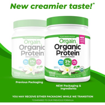 Orgain Organic Vegan Protein Powder, Vanilla Bean - 21g Plant Based Protein, 4g Prebiotic Fiber, No Lactose Ingredients, No Added Sugar, Non-GMO, For Shakes & Smoothies, 1.02 lb (Packaging May Vary)