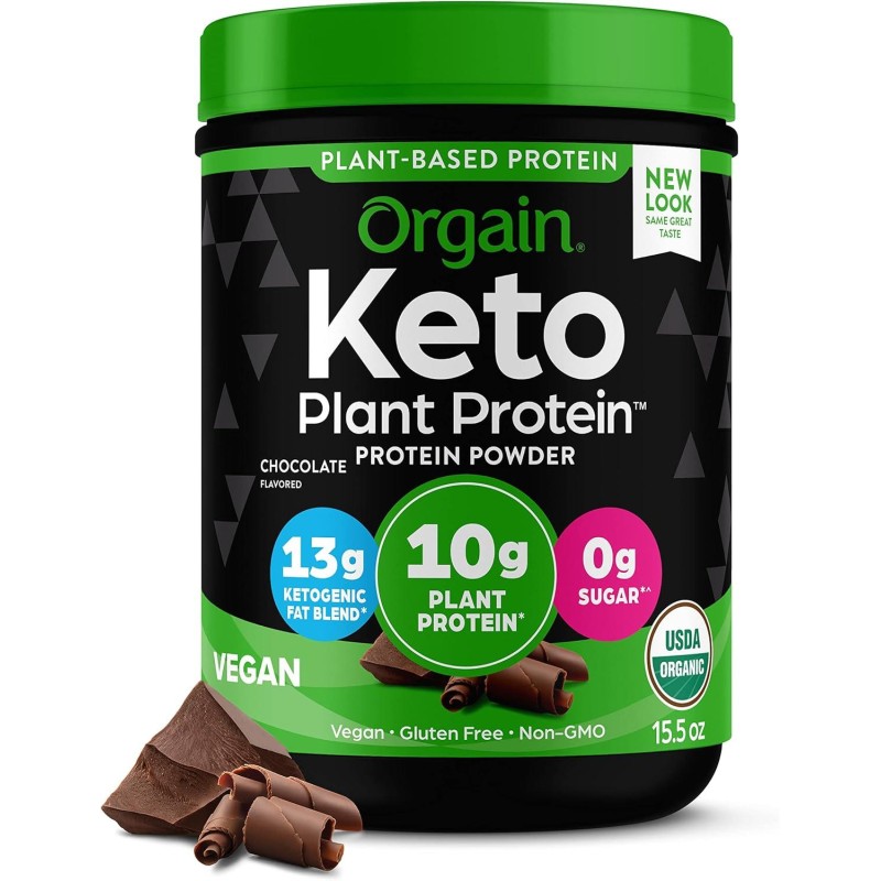 Orgain Organic Keto Vegan Protein Powder, Chocolate - 10g Plant Based Protein, 0g Sugar*, Avocado & Coconut Oil, Gluten Free, No Dairy, Lactose or Soy Ingredients, For Smoothies & Shakes, 0.97lb