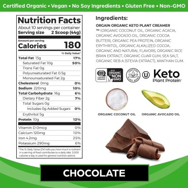 Orgain Organic Keto Vegan Protein Powder, Chocolate - 10g Plant Based Protein, 0g Sugar*, Avocado & Coconut Oil, Gluten Free, No Dairy, Lactose or Soy Ingredients, For Smoothies & Shakes, 0.97lb