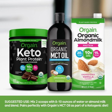 Orgain Organic Keto Vegan Protein Powder, Chocolate - 10g Plant Based Protein, 0g Sugar*, Avocado & Coconut Oil, Gluten Free, No Dairy, Lactose or Soy Ingredients, For Smoothies & Shakes, 0.97lb