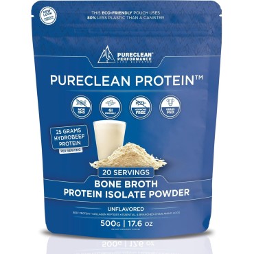 PureClean Protein - Organic Grass-Fed 25G Beef Protein Powder + 15G Collagen - Gluten Free, Sugar Free, Dairy Free - 100% Paleo Keto HydroBEEF Bone Broth Protein - (20 Servings/500 Grams) Unflavored