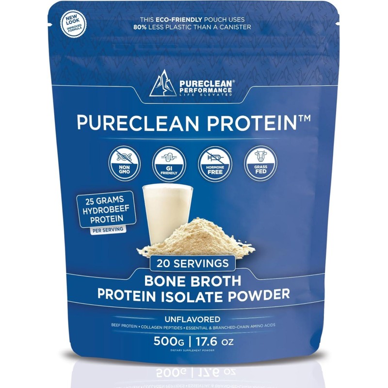 PureClean Protein - Organic Grass-Fed 25G Beef Protein Powder + 15G Collagen - Gluten Free, Sugar Free, Dairy Free - 100% Paleo Keto HydroBEEF Bone Broth Protein - (20 Servings/500 Grams) Unflavored