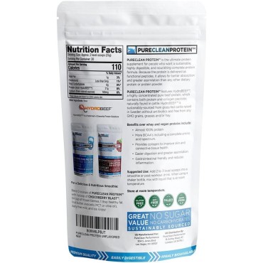 PureClean Protein - Organic Grass-Fed 25G Beef Protein Powder + 15G Collagen - Gluten Free, Sugar Free, Dairy Free - 100% Paleo Keto HydroBEEF Bone Broth Protein - (20 Servings/500 Grams) Unflavored