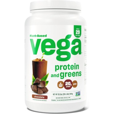 Vega Protein and Greens Protein Powder, Chocolate - 20g Plant Based Protein Plus Veggies, Vegan, Non GMO, Pea Protein for Women and Men, 2.1bs