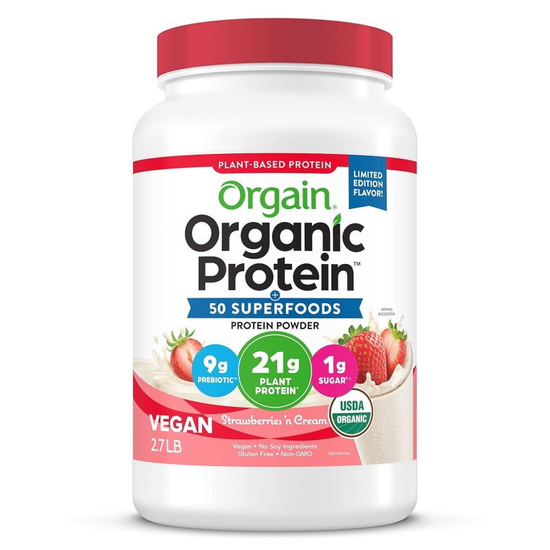 Orgain Organic Vegan Protein Powder + 50 Superfoods, Strawberries and Cream - 21g Plant Based, Gluten Free, Dairy Free, Lactose Free, Soy Free, No Sugar Added, Kosher, With B Vitamins - 2.7lb