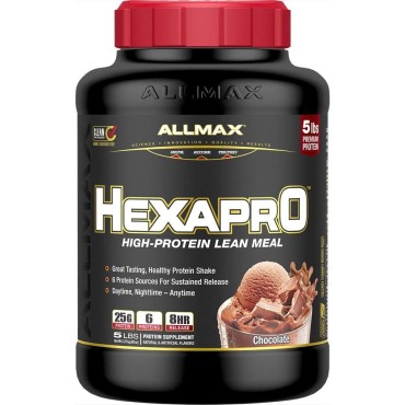 ALLMAX HEXAPRO, Chocolate - 5 lb - 25 Grams of Protein Per Serving - 8-Hour Sustained Release - Zero Sugar - 52 Servings