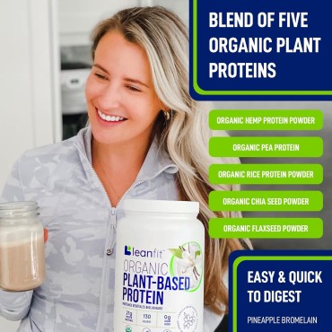 LeanFit Organic Plant-Based Protein Powder, Natural Vanilla Flavor - Vegan, USDA Organic Certified, Soy-Free, Gluten-Free, Dairy-Free, Sugar-Free, Non-GMO - 21g Protein, 19 Servings, 1.58 Pound Tub