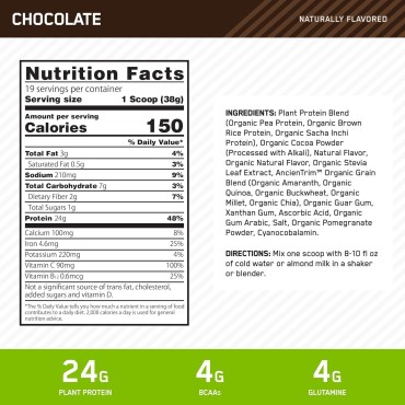 Optimum Nutrition Gold Standard 100% Plant Based Protein Powder, Vitamin C for Immune Support, Chocolate, 1.59 Pound