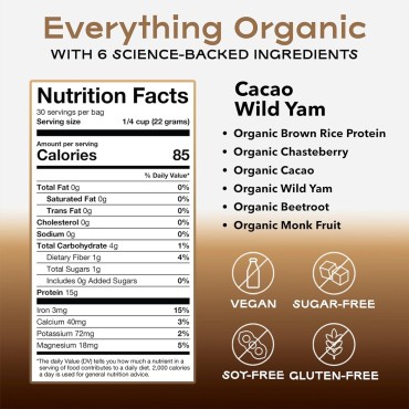 Organic & Vegan Protein Powder for Women Cacao-Chocolate Wild Yam – Delicious Protein Powder Made from 6 Science-Backed & Nutritious Ingredients – Organic Protein Powder Formulated to Support Women