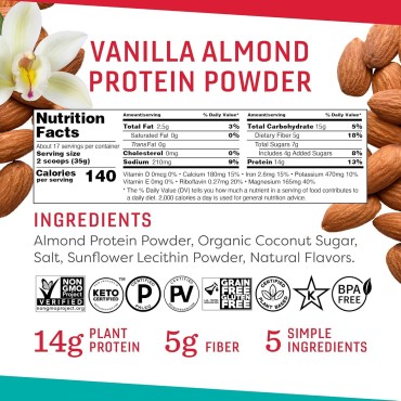 Vanilla Almond Protein Powder, 21 Ounce, Made with California Almonds, 14g Plant Based Protein, Keto, Paleo Friendly, Vegan, Gluten Free, 17 Servings