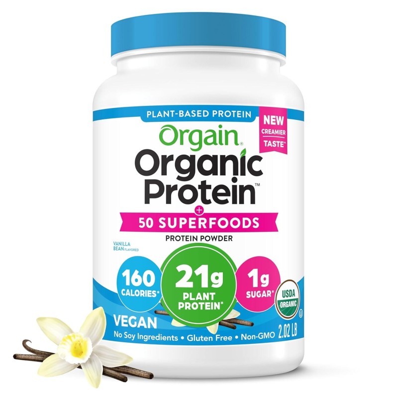 Orgain Organic Vegan Protein + 50 Superfoods Powder, Vanilla Bean - 21g Plant Based Protein, 8g Prebiotic Fiber, No Lactose Ingredients, Gluten Free, No Added Sugar, Non-GMO, 2.02 lb