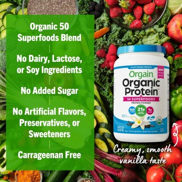 Orgain Organic Vegan Protein + 50 Superfoods Powder, Vanilla Bean - 21g Plant Based Protein, 8g Prebiotic Fiber, No Lactose Ingredients, Gluten Free, No Added Sugar, Non-GMO, 2.02 lb