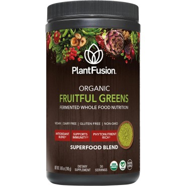 PlantFusion Fruitful Super Greens Powder - Fermented Juice Powder Blend with Digestive Enzymes Probiotics & Prebiotic Fiber - Organic, Non-GMO, Vegan, Gluten-Free - 8.46 oz 30 Servings