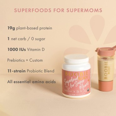 Boobie Body Superfood Protein Meal Replacement Shake, Chocolate Bliss Flavor | 19g Protein | Safe For Pregnancy, Lactation, & Motherhood | Organic, Vegan, Zero Sugar, 1 Tub (23.3 oz.)