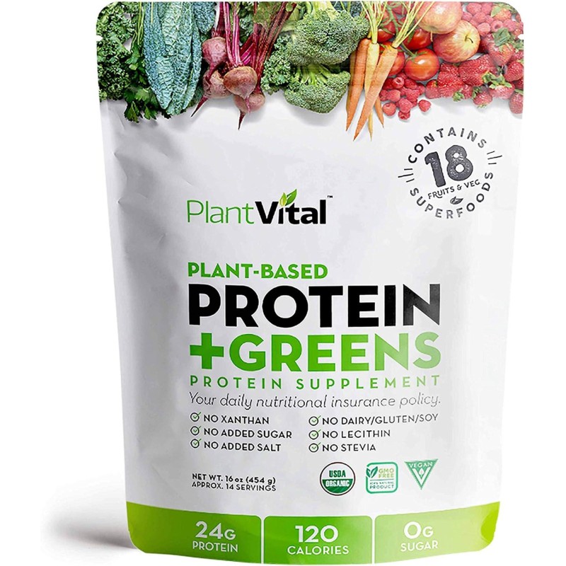 Plantvital Unflavored Organic Vegan Protein Powder - 18 Superfoods, Veggies and Probiotics - Organic Plant-Based Protein Powder - All BCAA’s, Gluten Free - 16oz -1 Pouch