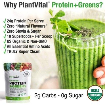 Plantvital Unflavored Organic Vegan Protein Powder - 18 Superfoods, Veggies and Probiotics - Organic Plant-Based Protein Powder - All BCAA’s, Gluten Free - 16oz -1 Pouch