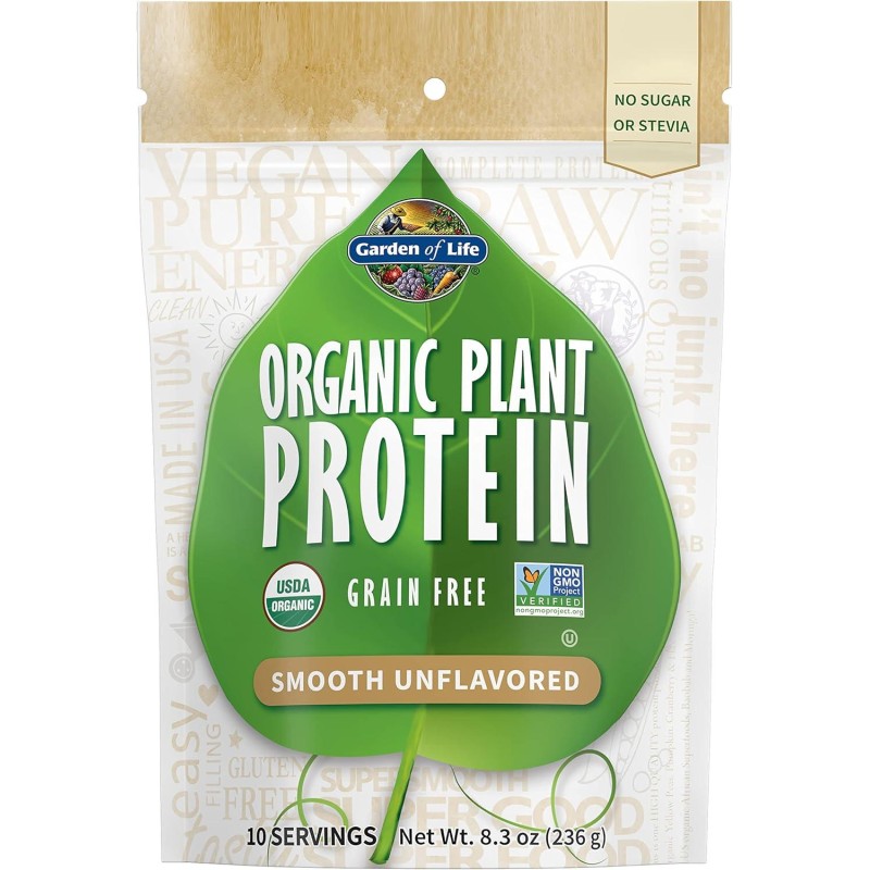 Garden of Life Organic Plant Based Protein Powder - Smooth Unflavored - Vegan, Grain Free & Gluten Free Shake for Women and Men - 10 Servings, 15g Protein, Probiotics & Enzymes, 0g Sugar, Stevia Free