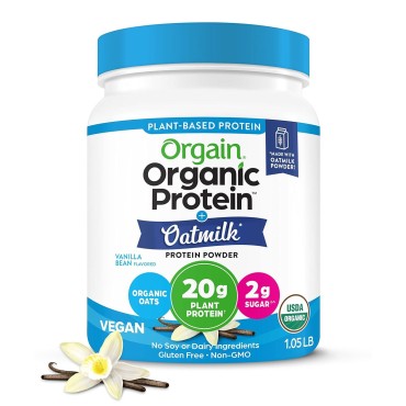 Orgain Organic Vegan Protein Powder + Oat Milk, Vanilla Bean - 20g Plant Based Protein, Gluten Free, No Dairy, Soy or Lactose Ingredients, Low Sugar, Non-GMO, Kosher, For Shakes & Smoothies - 1.05lb